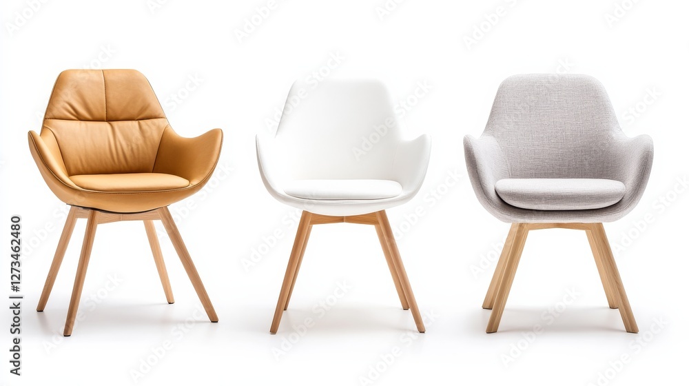 Fototapeta premium Set of three modern chairs in different colors isolated on white