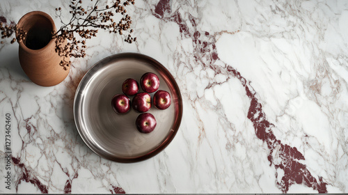 Minimalist breccia capraia marble kitchen island with rustic plate of apples, clay vase and floral decor. Natural stone, modern stylish kitchen materials