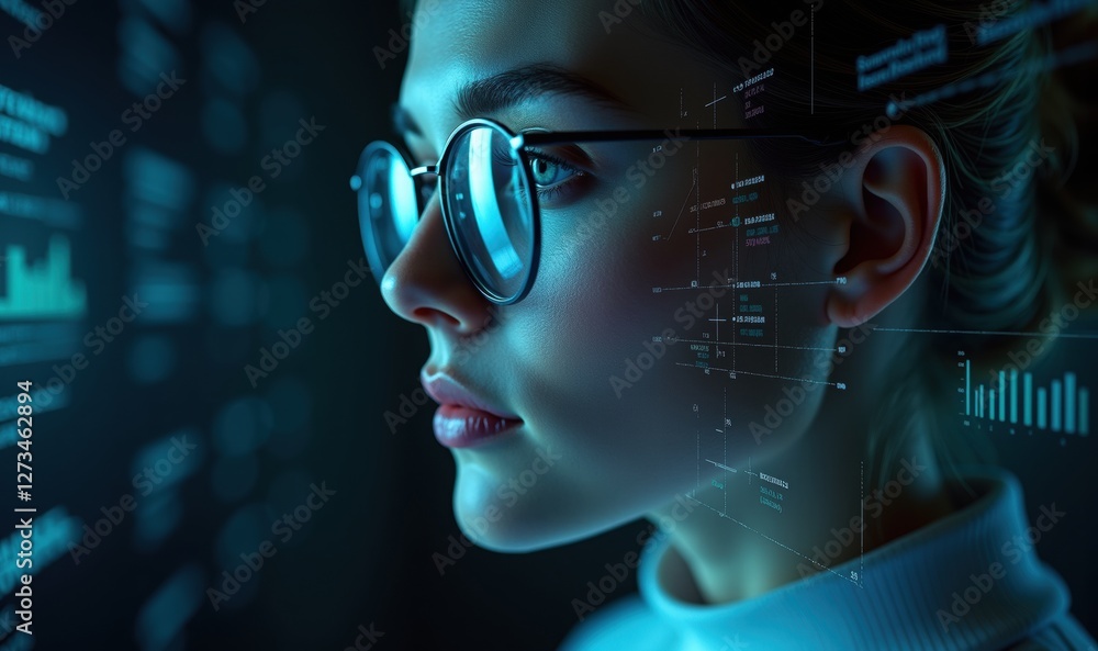 A focused woman in glasses analyzing digital data, embodying innovation and technology in data science and analytics. Perfect for tech-related projects. A focused woman in glasses analyzing digital data, embodying innovation and technology in data science and analytics. Perfect for tech-related projects.