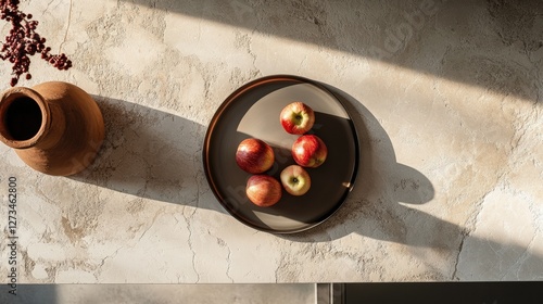 Minimalist calacatta viola marble kitchen island with rustic plate of apples and peaches, natural stone kitchen materials catalogue poster