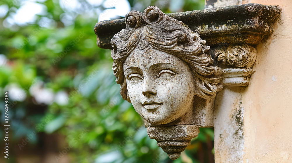 Weathered stone carving of a woman's head, mounted on a wall. Weathered stone carving of a woman's head, mounted on a wall.