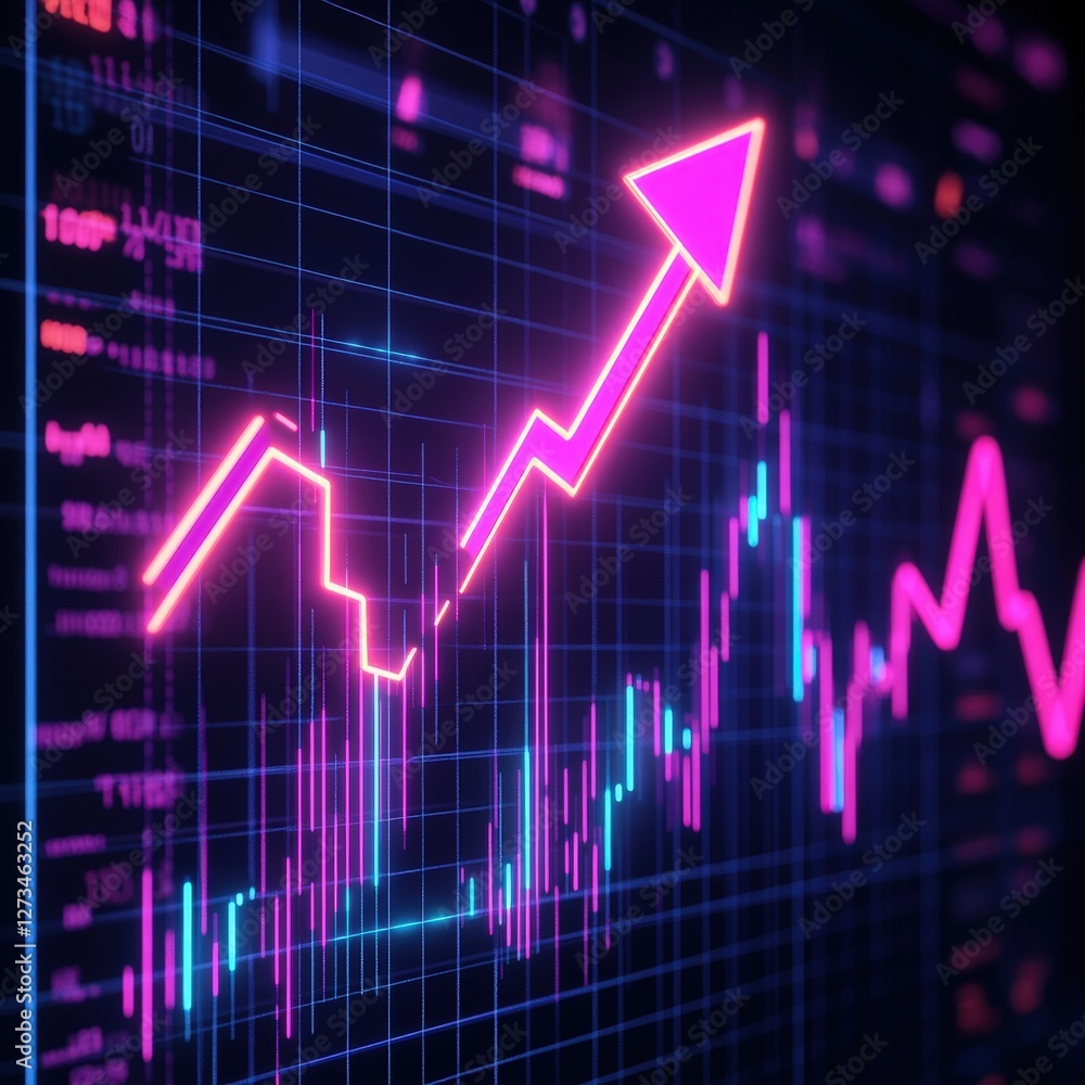 Rising stock market graph, financial growth, digital screen, data visualization, business success Rising stock market graph, financial growth, digital screen, data visualization, business success