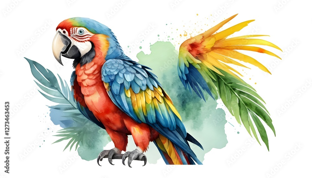 Fototapeta premium Vibrant Macaw Parrot with Tropical Leaves Watercolor Painting
