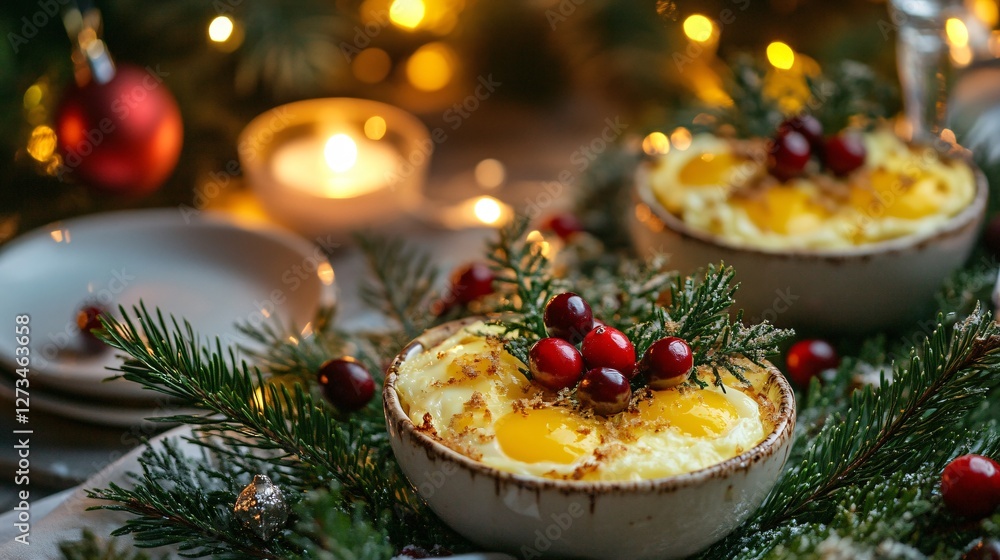A Christmas morning spread with cheesy baked egg cups, cranberries, and pine sprigs, surrounded by twinkling fairy lights A Christmas morning spread with cheesy baked egg cups, cranberries, and pine sprigs, surrounded by twinkling fairy lights