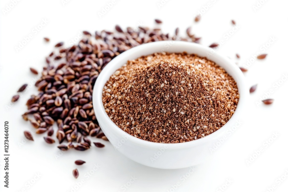 A white bowl filled with brown flax seeds, great for healthy recipes and wellness A white bowl filled with brown flax seeds, great for healthy recipes and wellness