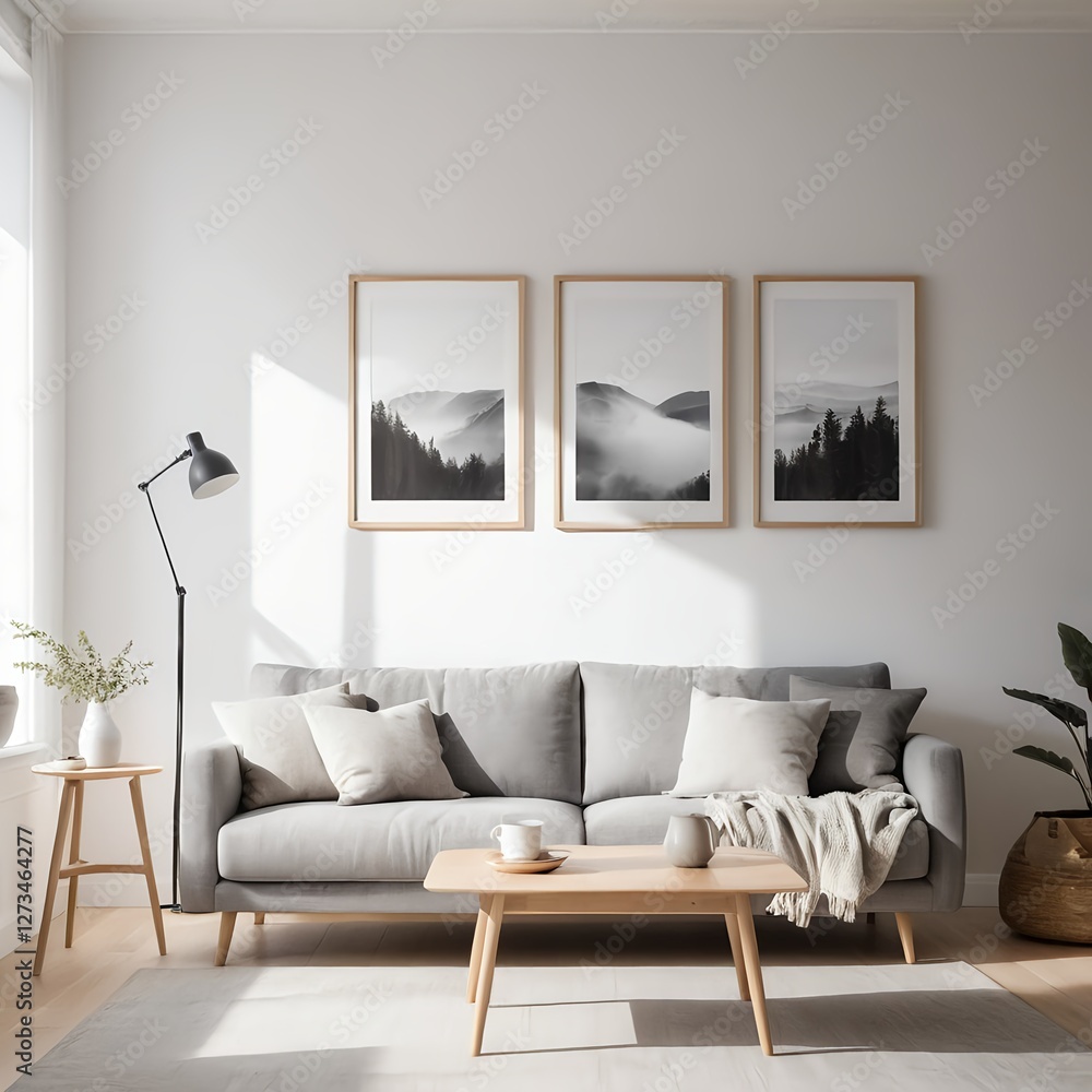 Fototapeta premium Minimalist Living Room Interior with Mountain Prints