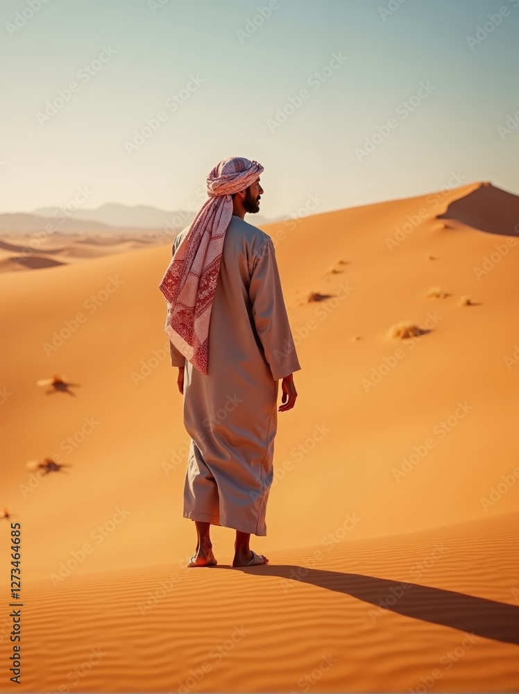 Arab man walking through serene desert landscape at golden hour in Middle East, showcasing vast sandy dunes Arab man walking through serene desert landscape at golden hour in Middle East, showcasing vast sandy dunes