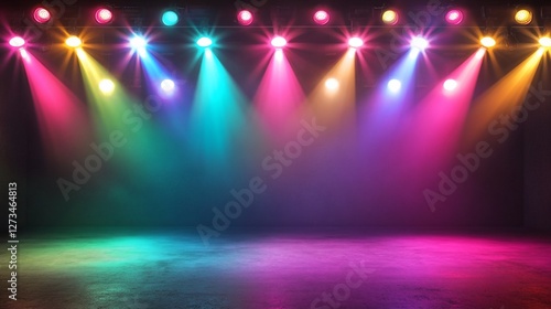 Colorful stage lights illuminate a smoky, empty stage.