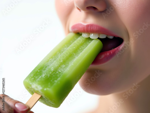 close-up of a woman eating green juice popsicle  photo