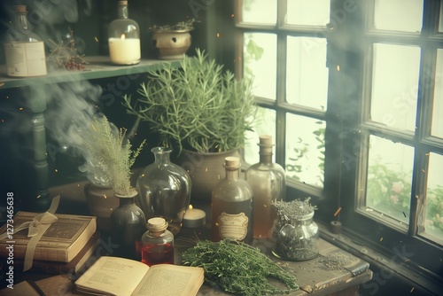 witchcraft green witch witchs altar grimoires book of shadows potions herbs dried flowers natural elements smoke witchy vibes windows wood table 