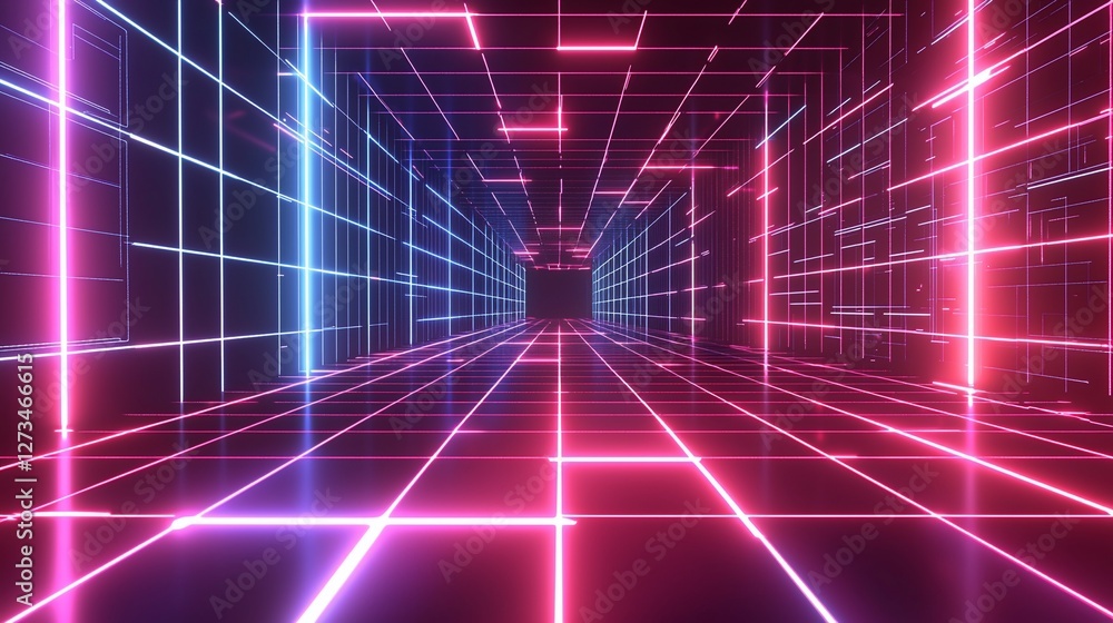Abstract neon grid tunnel, pink blue glowing lines, digital art. Abstract neon grid tunnel, pink blue glowing lines, digital art.