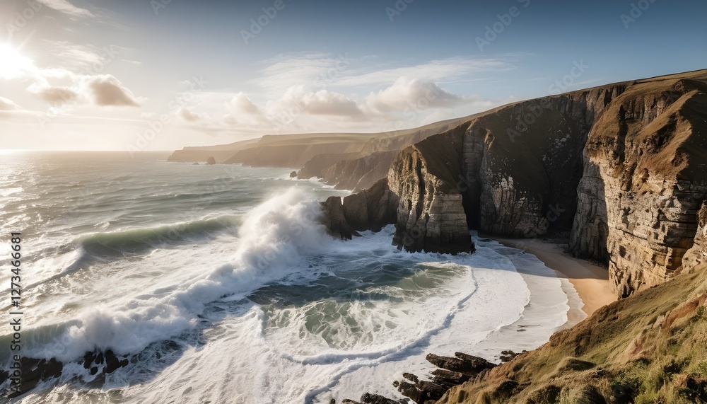 Obraz premium Dramatic Ocean Waves Crashing Against Coastal Cliffs at Sunset