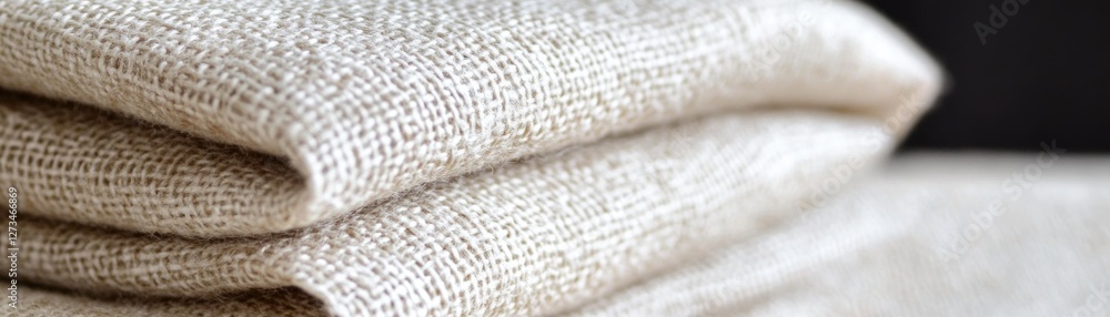 Stack of neatly folded light beige textured linen fabric Stack of neatly folded light beige textured linen fabric