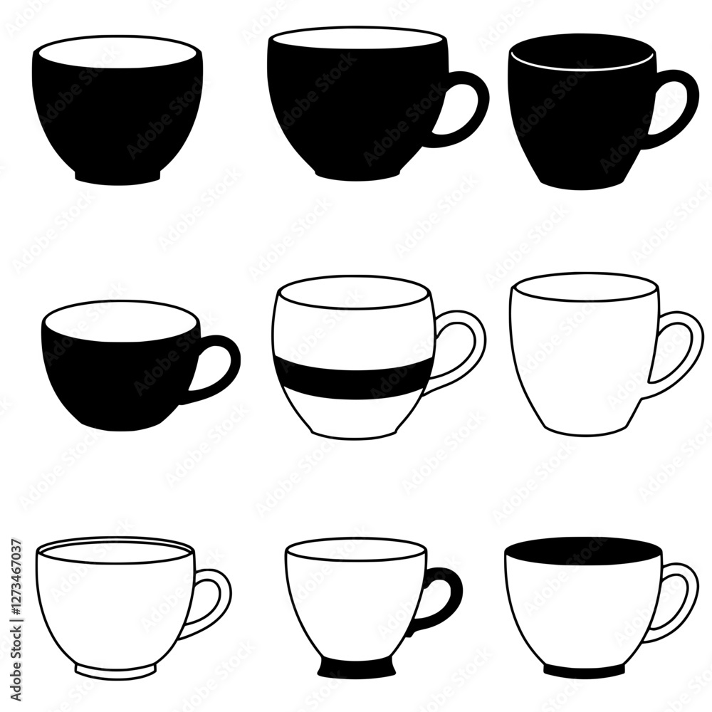 Mugs and Cups Set: An illustrative composition of a collection of mugs and cups in various designs, perfect for a cafe or beverage-themed setting. Mugs and Cups Set: An illustrative composition of a collection of mugs and cups in various designs, perfect for a cafe or beverage-themed setting.