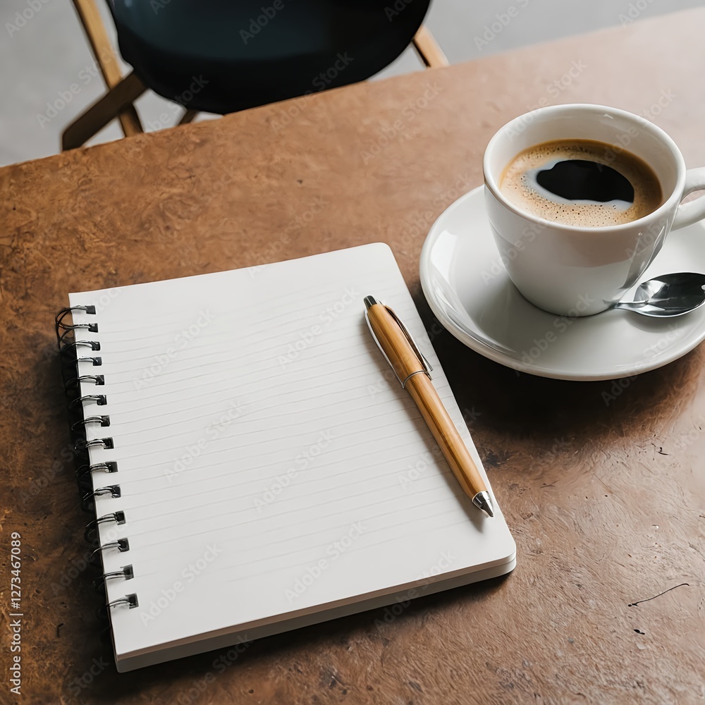 Blank Notebook and Coffee on Wooden Table Blank Notebook and Coffee on Wooden Table