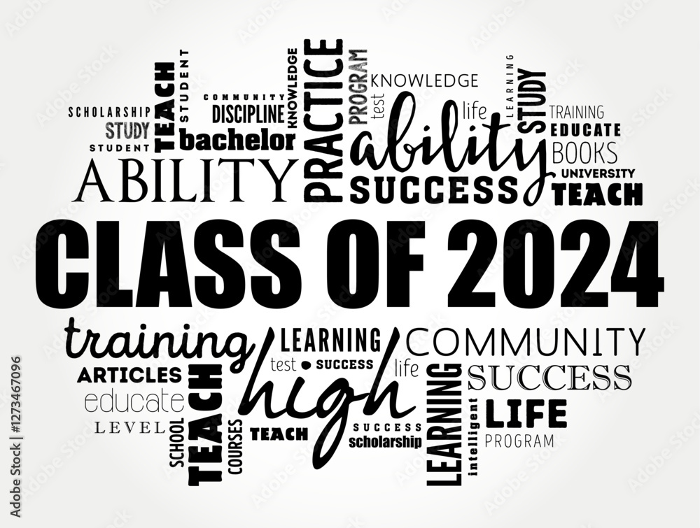 Class of 2024 - the group of students who graduated from high school or college in the year 2024, word cloud concept background Class of 2024 - the group of students who graduated from high school or college in the year 2024, word cloud concept background