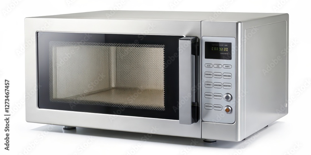 Obraz premium Stainless Steel Microwave Oven on White Background