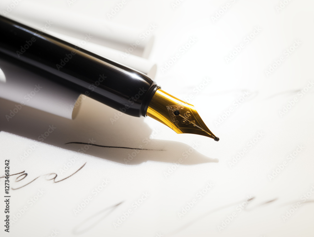 The elegance of writing with a luxury fountain pen, captured in fine detail, showcasing the smoothness of the ink and the precision of the writing process.