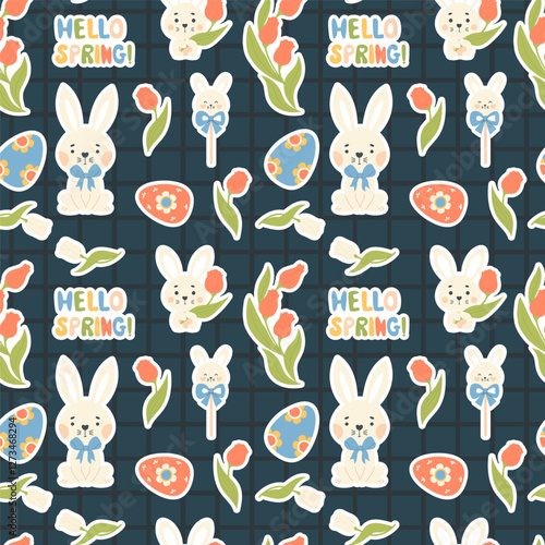 Easter Seamless pattern. Cute rabbit with flowers tulips and decorative paschal Egg on dark checkered background. Holiday Vector illustration. Kids collection