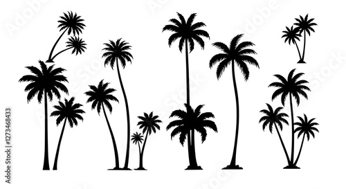 Tropical Silhouette Collection: A collection of stylized palm tree silhouettes, perfect for conveying the essence of tropical vacation, travel, summer, or natural design themes.