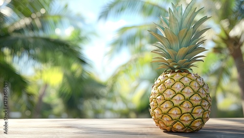 Tropical pineapple on wooden table, lush background photo