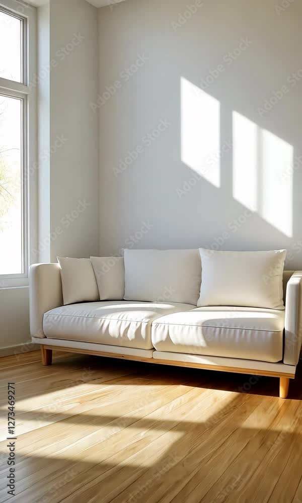 A white couch is in a room with a window. The couch is facing the window and the sunlight is shining on it A white couch is in a room with a window. The couch is facing the window and the sunlight is shining on it