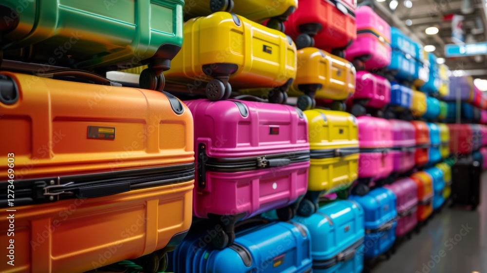 Stacked luggage in a retail environment features bright colors and various sizes, attracting attention from shoppers looking for durable travel solutions during peak shopping season Stacked luggage in a retail environment features bright colors and various sizes, attracting attention from shoppers looking for durable travel solutions during peak shopping season