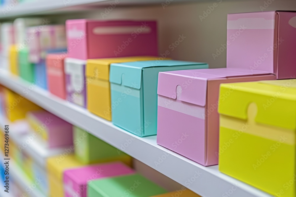 Boxes and products displayed on a shelf in a store Boxes and products displayed on a shelf in a store