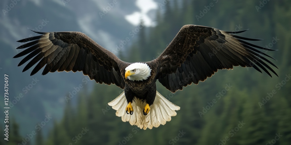 Obraz premium Majestic bald eagle soaring over mountain forest in alaska