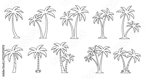 Tropical Silhouette: A collection of black and white line art silhouettes of various palm trees, evoking a sense of tropical serenity and vacation. 