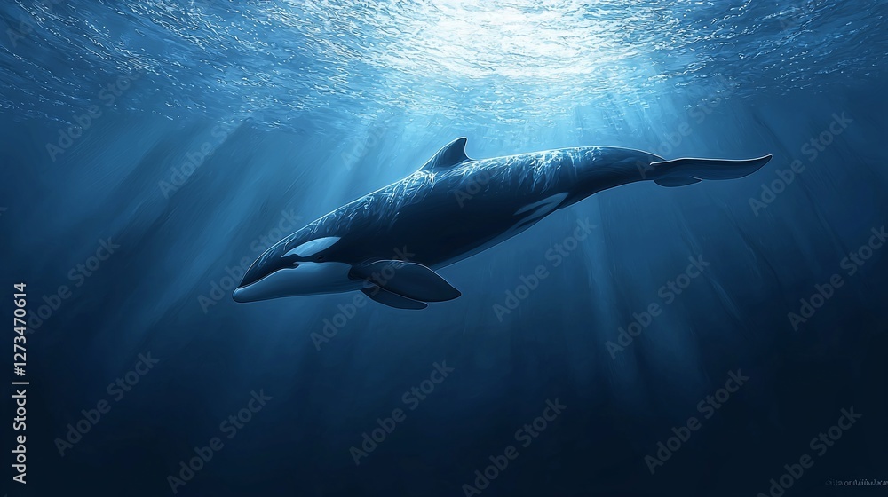 Fototapeta premium Orca whale swimming in sunlit ocean depths.