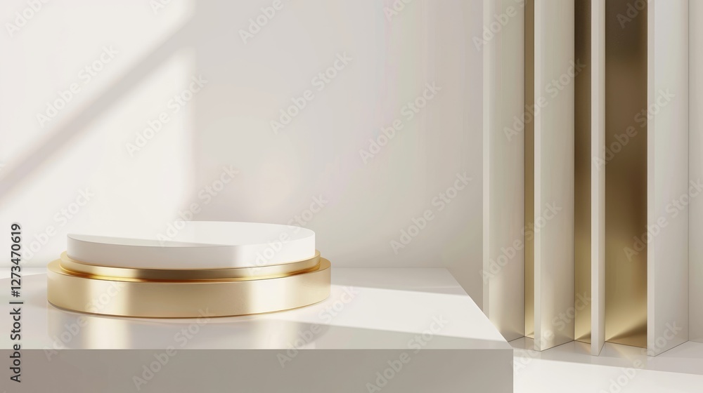 Luxury gold and white podium on minimal white architectural background with soft shadows for product presentation Luxury gold and white podium on minimal white architectural background with soft shadows for product presentation