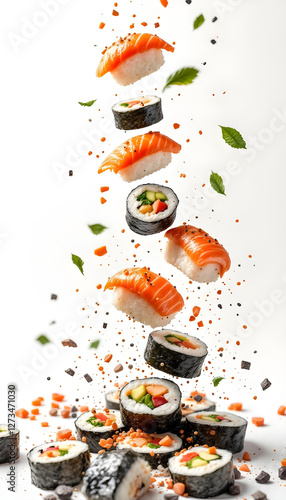 Obraz na płótnie A creative tower composition of flying imbalanced sushi, magazine cover design, white background, high detail w salonie