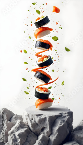 Obraz na płótnie A creative tower composition of flying imbalanced sushi, magazine cover design, white background, high detail w salonie