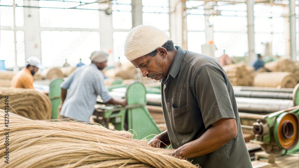 Portrait of Factory Worker in Jute Industry – A worker processing jute fibers, making bags, ropes, or textiles.
Portrait of Factory Worker in Jute Industry – A worker processing jute fibers, making bags, ropes, or textiles.