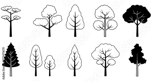 Forest Silhouette Set: An array of meticulously crafted tree silhouettes showcasing diverse shapes and styles. Each silhouette encapsulates the beauty and variation found in natural forests.