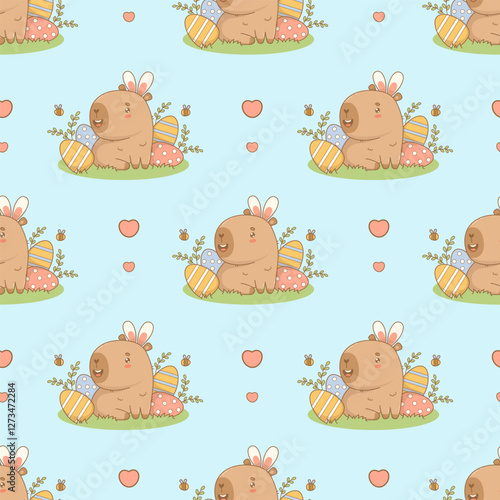 Seamless pattern. Cute happy Easter Capybara with Bunny Ears and decorative Eggs on blue background with hearts. Holiday cartoon kawaii character. Vector illustration. Kids collection