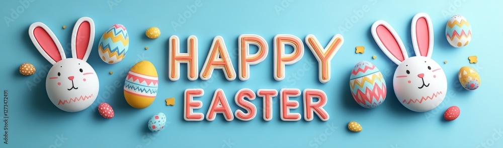 Celebratory Easter holiday banner or newsletter header displaying colorful eggs on a glass surface over a blue background. A modern illustration with chic lettering Celebratory Easter holiday banner or newsletter header displaying colorful eggs on a glass surface over a blue background. A modern illustration with chic lettering