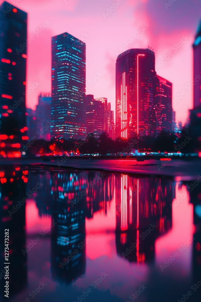 Naklejka premium City reflection in water after rain at night with glowing lights and colorful sky