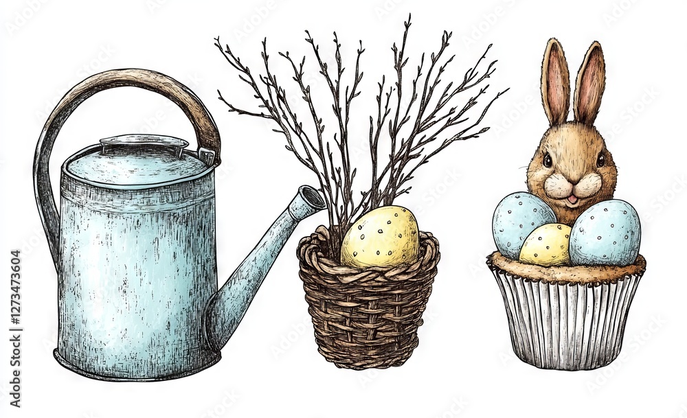 A big hand-drawn Easter set of festive symbols, showcasing white rabbits, spring flowers, Easter cake, and colored eggs against a white background. This retro-modern seasonal illustration is ideal A big hand-drawn Easter set of festive symbols, showcasing white rabbits, spring flowers, Easter cake, and colored eggs against a white background. This retro-modern seasonal illustration is ideal