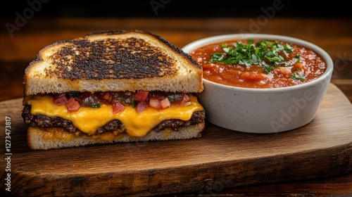 Grilled cheese melt sandwich with beef patty and salsa, beside tomato soup, on wooden board photo