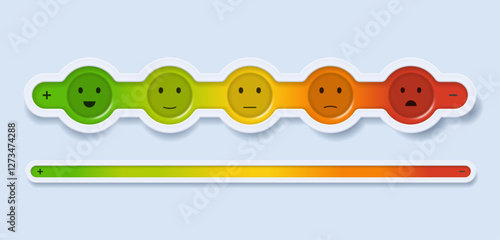 Feedback scale, satisfaction rating and emotion concept in the form of emotional colored round buttons in a frame. Vector 3d illustration.