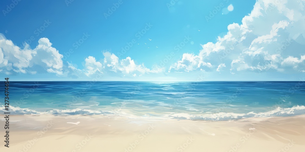 Obraz premium A serene beach under a vivid blue sky dotted with soft white clouds. Golden sand stretches toward the horizon where gentle waves kiss the shore, inviting relaxation and tranquility