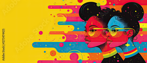 Wallpaper Mural Colorful modern artwork depicting two stylish women against a vibrant background featuring geometric shapes and stars Torontodigital.ca