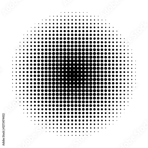 Halftone gradient pattern with circular dot dispersion. Retro-futuristic Y2K style element creating an optical illusion effect. Monochrome black and white abstract texture with a sci-fi aesthetic.