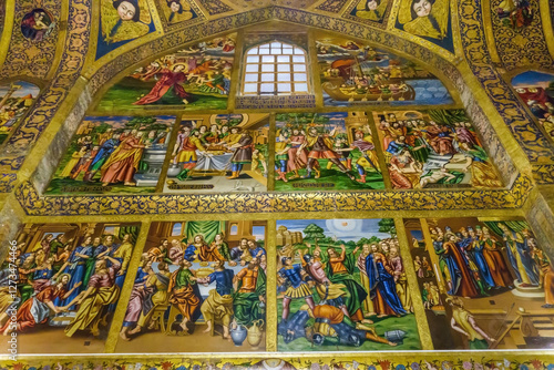 Wall paintings at Vank Cathedral in Isfahan, Iran. The bottom row is an image of the life of Jesus, the second row and above are events from the Old Testament. The paintings were done around the 1660s photo