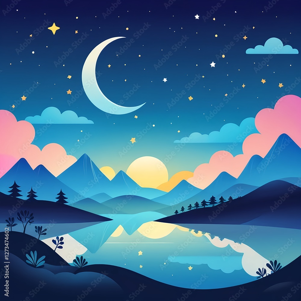 Fototapeta premium Serene Night Landscape Crescent Moon, Stars, and Mountain Lake Reflection
