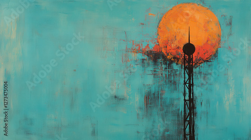An abstract painting of a broadcast tower with a conical top, set against a single pale-blue background