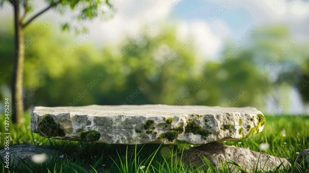 Natural stone platform on green grass meadow with wildflowers and blurred forest background Natural stone platform on green grass meadow with wildflowers and blurred forest background