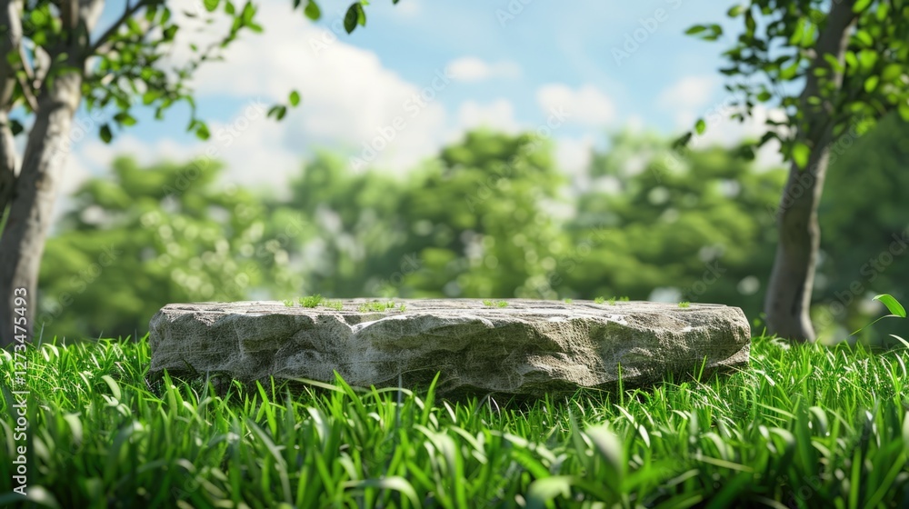 Natural stone platform on green grass meadow with wildflowers and blurred forest background Natural stone platform on green grass meadow with wildflowers and blurred forest background